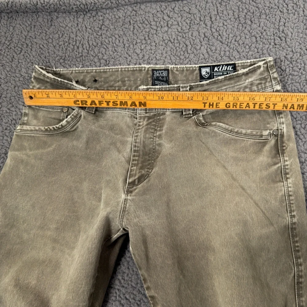 Kuhl Rydr Pants 34x30 Reinforced Ankle Vintage Patina Dye Olive Green Flat Front